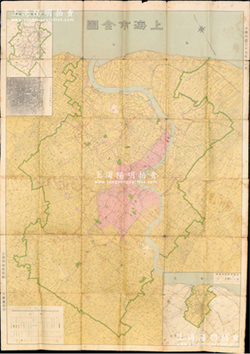 民國(guó)三十七年（1948年）《上海市全圖》特大型掛圖1張，由上海市地政局制、大東書(shū)局印，超大尺寸1065×1503mm，其上忠實(shí)記錄了老上海之地名、街道等，內(nèi)容十分詳盡；保存尚可，敬請(qǐng)預(yù)覽