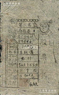 民國36年（1947年）第六區南張寨農民合作社股票證，屬山西解放區高平縣老股票，面額7股計700元，上印二婦女圖，頗為特別，少見，近八成新