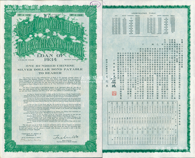 民國二十三年（1934年）上海市市政公債壹百元，正面英文，背面有中文，由上海市市長吳鐵城、新豐洋行葛勃生等簽名，附帶有息票；少見，九成新