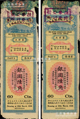 民國九年（1920年）安徽皖河工賑有獎義券第4次銀圓陸角共2枚連體票，少見，六至七成新
