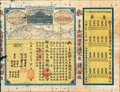 民國(guó)三年（1914年）商辦廣東粵漢鐵路有限總公司股票，股肆拾份銀貳百圓，由總理歐賡祥等簽名，附帶有息單，有蛀損，六成新