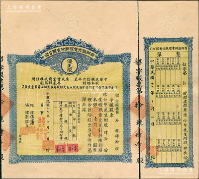 民國十七年（1928年）商辦韶州電燈股份有限公司股票，優先股肆拾份計銀壹仟圓，附帶有息單；此股票為發行之“第拾號”，少見，八成新