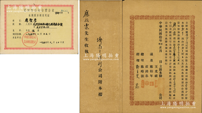 民國拾年（1921年）濟南亨得利公司附本據（即股票），事為合股上海總公司股份壹股計股本銀貳千兩，合洋貳千捌百元（由各股東按原股每股加添附本洋121），內有股東應啟霖君原股叁股捌厘叁毫叁（應出附本洋466元），誠屬亨得利濟南公司之分股股票，形式特殊，值得推重；上海亨得利鐘表店，始創于清同治十三年（1874年），是迄今仍存的中華老字號；罕見品，八成新（另附1956年北京市公私合營企