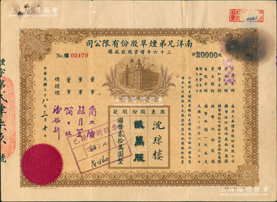 民國三十八年（1949年）南洋兄弟煙草股份有限公司三十六年增資股款收據(jù)，貳萬股計國幣貳拾萬圓，票上由董事簡玉階（南洋煙草創(chuàng)始人）、杜月笙（上海灘大亨）等署名，少見，近八成新