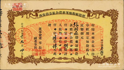1955年西安市公私合營華峰面粉廠股票，捌股計人民幣陸拾肆元，上印城樓放光芒圖頗具時代特色，八五成新