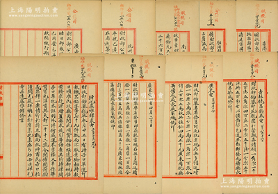 1915至1916年間北洋政府財(cái)政部賦稅司、公債司留檔之關(guān)于“印花稅”電報(bào)稿一組共9份不同，分由廣東國稅廳籌備處嚴(yán)家熾、歸化虞維鐸、吉林饒昌齡、廣東張緝光、杭州財(cái)政廳、南昌財(cái)政廳長戚濮良全、駐法胡公使、香港協(xié)興煙稅公司來電，其內(nèi)容均為印花稅和稅票等事宜，頗具史料研究價(jià)值；保存甚佳，敬請(qǐng)預(yù)覽