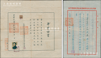 民國二十九年（1940年）“吳縣私立安定初級(jí)商科職業(yè)學(xué)校”畢業(yè)證書1張，發(fā)給學(xué)生章守英氏，由校長楊龍保親筆簽署，且鈐有“江蘇省教育廳”等官印，另附油印的“投考證明書”1份；該校即為如今蘇州名校“平江實(shí)驗(yàn)學(xué)校”之前身，1933年由王季常女士出資創(chuàng)辦；少見且內(nèi)涵豐富，八成新