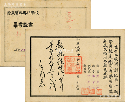 民國卅七年（1948年）東北解放區(qū)“遼東醫(yī)科專門學(xué)校畢業(yè)證書”1張，發(fā)給畢業(yè)學(xué)員趙克剛氏，由校長鄧太山等簽發(fā)，其左邊印有毛澤東在延安時為中國醫(yī)科大學(xué)的題詞“救死扶傷，實行革命的人道主義”；少見且保存甚佳，敬請預(yù)覽