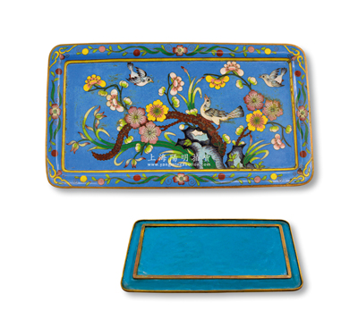 民國花鳥圖掐絲琺瑯景泰藍托盤1件，尺寸約280×155mm，金絲描邊，做工精致，保存較佳，敬請預(yù)覽