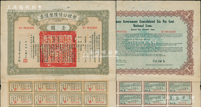 民國十年（1921年）整理公債陸厘債票壹圓，由財(cái)政總長周自齊、內(nèi)國公債局總理梁士詒簽署，附帶有息票，少見，近八成新