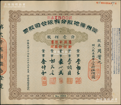 民國二十四年（1935年）灤州礦地股分有限公司股票，壹佰股計國幣壹仟伍佰圓，又加蓋“憑換新股票計伍拾萬股”，上有董事袁心武（袁世凱第六子）等簽名，其承購股東為清代兩江總督周馥之幼子周實之（即北洋政府財政總長周學熙之弟周學輝氏）；中國著名煤礦企業老股票，少見，八五成新