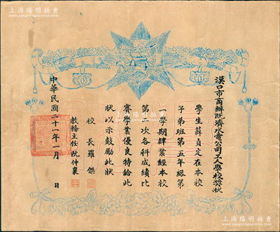民國二十一年（1932年）“漢口市商辦既濟水電公司工人學校獎狀”1張，發給學生薛貞定氏，由校長羅杰等簽發；該公司乃中國近代著名民族企業，亦發行有老股票存世，是項獎狀存世稀見，亦可適用于老股票之輔助展覽，保存較佳，敬請預覽