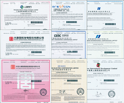 2020年香港上市之中國著名電力企業股票9種，詳分：華能國際電力、華電國際電力、中國電力國際發展、中國廣核電力、中國能源建設、東方電氣、上海電氣、大唐國際發電、中國大唐集團新能源股份有限公司，面額均為1股，內有水印，九八成新