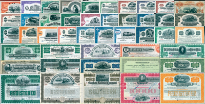 清代1885年至1976年美國大型鐵路債券共45種不同，基本均八開尺寸，其面額均為定額1000美元（內(nèi)含500和10000美元各1枚、5000美元2枚），且多數(shù)均為早期黃金債券，內(nèi)含克利夫蘭、辛辛那提、芝加哥和圣路易斯鐵路，湖岸和密歇根州南部鐵路、利哈伊谷鐵路、紐約中央和哈德遜河鐵路、紐約中央鐵路、賓夕法尼亞鐵路，匹茲堡、辛辛那提、芝加哥和圣路易斯鐵路，雷丁鐵路、南方鐵路、西海