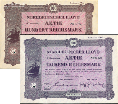 1936年（舊中國(guó)最大外資輪船公司）北德輪船公司股票100馬克、1000馬克共2枚不同，印刷精美，滿版水印；該公司又稱北德郵輪公司，自1885年來華，首辟歐洲至香港航線，并廣泛經(jīng)營(yíng)長(zhǎng)江和沿海的航運(yùn)業(yè)務(wù)，在中國(guó)各大港口均設(shè)立分號(hào)或代理處；德國(guó)藏家出品，少見，九五成新