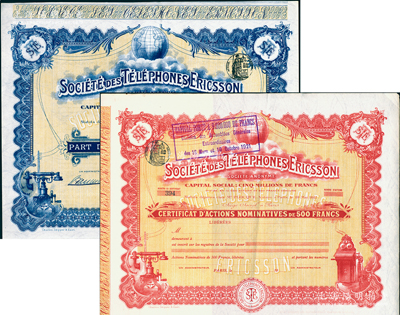 清代1911年愛立信公司老股票共2種全套，詳分：創(chuàng)始人優(yōu)先股1股計(jì)500法郎、普通股1股計(jì)500法郎；愛立信成立於1876年，從早期生產(chǎn)電話機(jī)、程控交換機(jī)發(fā)展成為今天全球最大的移動(dòng)通訊設(shè)備商；自1882年開始，中國(guó)向愛立信訂購(gòu)了2000部電話機(jī)，經(jīng)過上百年的合作，愛立信迄今已成中國(guó)家喻戶曉之品牌；海外藏家出品，少見，八五成新