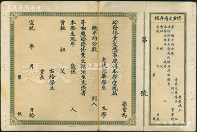 宣統年修業文憑1張，未填用附存根，八成新