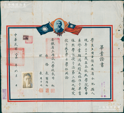 民國二十四年（1935年）“安徽省立安徽大學”畢業證書1張，發給合肥籍學生王嘯云氏，由校長傅銅（哲學家）、教務長謝循初（心理學專家）、院長周予同（經學史家）簽發；該校成立于1929年，首任校長劉文典，抗戰時被迫內遷一度停辦，1945年復校，迄今為安徽省最高學府；保存較佳，敬請預覽