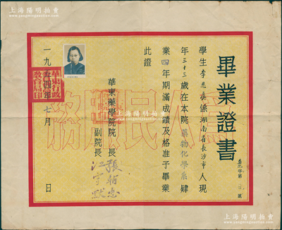 1954年南京“華東藥學院”畢業證書1張，發給湖南長沙籍學生李恩虞氏，由院長張輔忠（原上海五洲固本皂藥廠藥部主任）、副院長江守默簽發；該校歷史可追溯自1936年國民政府教育部籌建的南京國立藥學專科學校，迄今乃中國藥科大學之前身；保存較佳，敬請預覽