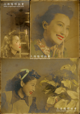 民國時期老上海著名電影女明星“周璇”歷史老照片共3張不同，尺寸均為108×146mm，屬手工上色之藝術照，由“良友影迷社”所攝（背有戳記），保存較佳，敬請預覽