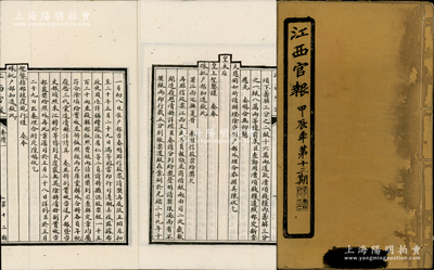 光緒甲辰年（1904年）《江西官報》（第13期）1冊，厚達約60頁，其內文重點有“署江西巡撫奏昭信股票給獎片（其內情為鼓勵官商踴躍認購）”、“萬載高等小學堂章程”及各類奏牘、教案、統捐等，內容豐富，極具史料研究價值；保存較佳，敬請預覽