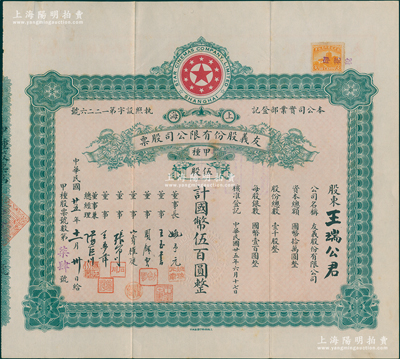 民國(guó)廿五年（1936年）上海·友義股份有限公司股票，甲種伍股計(jì)國(guó)幣伍百圓，票上董事周劍云、張石川均為中國(guó)第一代電影導(dǎo)演；該公司創(chuàng)辦于1936年，其前身即為著名之“明星影片公司”，可謂中國(guó)近代電影業(yè)之“開山鼻祖”；蘇健先生藏品，八五成新