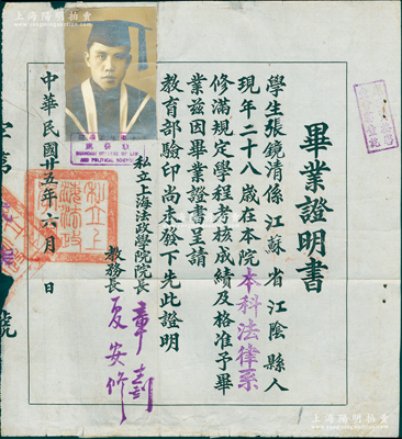 民國二十五年（1936年）“私立上海法政學(xué)院學(xué)生”畢業(yè)證明書1張，發(fā)給江陰籍學(xué)生張鏡清氏，由院長章士釗（著名民主人士）簽發(fā)；該校由國民黨元老徐謙奉孫中山指示而創(chuàng)辦于1924年，其歷任校長有章士釗、王寵惠、魏道明等，至1951年改稱上海法學(xué)院，次年并入上海財經(jīng)大學(xué)等；罕見，保存尚佳，敬請預(yù)覽