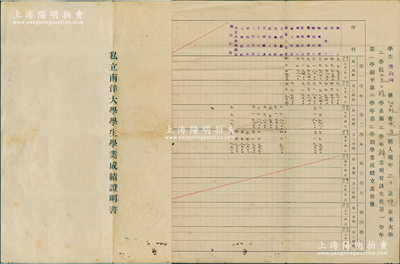 民國三十一年（1942年）“私立南洋大學(xué)學(xué)生學(xué)業(yè)成績證明書”1份，內(nèi)中開列學(xué)生龔鈞陶氏在該校工學(xué)院土木工程系第一學(xué)期至第二學(xué)期各科成績；時1941年太平洋戰(zhàn)爭爆發(fā)后，地處后方的上海交通大學(xué)為與日偽周旋起見，于9月16日成立唐文治、福開森等11人組成的校董會，改校名為“私立南洋大學(xué)”，后至抗戰(zhàn)勝利后恢復(fù)交大原名；保存較佳，敬請預(yù)覽