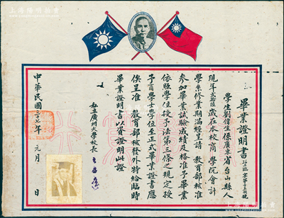 民國三十七年（1948年）“私立廣州大學”畢業證書1張，授予臺山縣學生劉偉生氏商學院商學士學位，由校長王志遠簽發；1927年3月3日，陳炳權、金曾澄、王志遠等人創辦私立廣州大學，至1951年初與廣州各高校合并為華南聯合大學，1983年恢復廣州大學校名，由市長葉選平兼校長；少見且保存尚佳，敬請預覽