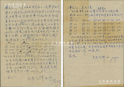 1959年著名錢幣收藏家馬定祥致京城錢幣名家駱澤民信札共2通，前后呼應，分別言及“收到紀念（銀）幣19枚匯款125元，內含戶部一兩等”、“壽星、七三及壽字、陵墓等銀幣”等，并2次開列外國銀幣收購價格，極富時代之見證；源于京城前輩名家駱澤民先生之遺存，均附帶原信封，保存較佳，敬請預覽