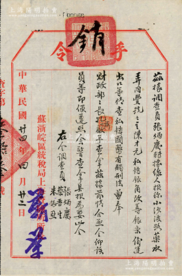 民國廿四年（1935年）蘇浙皖區統稅局上海查驗所“手令”1份，事為“經線人報稱(上海)小沙渡路藥水弄同豐號號主陳才元，私镕銀角、改鑄銀、偷運出口等情；查私镕國幣有觸刑法，奉財政部長孔(祥熙)諭，嚴予查拿”等；此種“緝拿錢幣私鑄”方面的手令甚是難得，且富史料研究價值，八成新