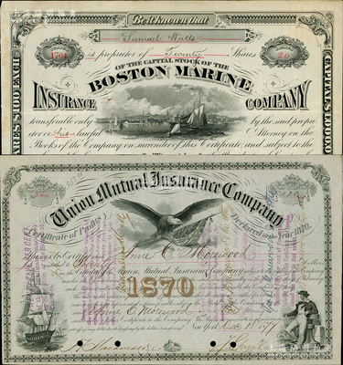 清代外商保險公司老股票2種，詳分：1877年（美商）聯合互助保險公司股票20美元、1898年波士頓海上保險有限公司股票20股（每股100美元），此二公司均曾在香港和上海拓展業務；少見且形制美觀，八成新