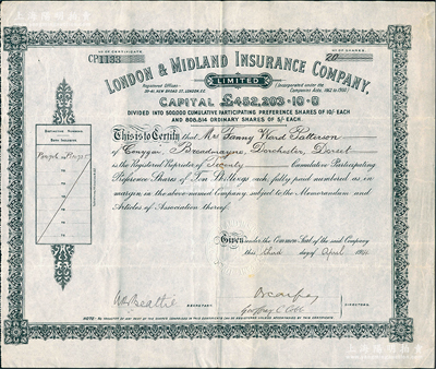 1914年倫敦和米德蘭保險有限公司股票，黑色優先股20股（每股10先令），此為英國早期著名之保險公司，自清末就在香港和中國等地設有分支機構；罕見，八成新