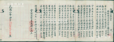 民國二年（1913年）上海老悅生鴻記“股東股份名錄”1份，內中開列23名股東之占股份額，合共股本規元14000兩；此乃清代老上海著名之廣貨店，在《中國資本主義發展史》一書中有記載；該號或屬廣東中山商人所創辦，其股東梁煥南在“黃梁都創建（珠海斗門）和風書院序”中有提及；罕見且保存尚佳，敬請預覽
