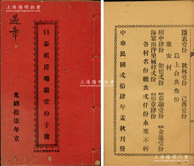 民國貳拾肆年（1935年）《日泰祖房瑞蘭堂份子簿》1冊，該堂立于光緒十七年（1891年），內中詳列各村股份名錄共計2000份；廣東開平縣傳統式老股票，保存較佳，敬請預覽