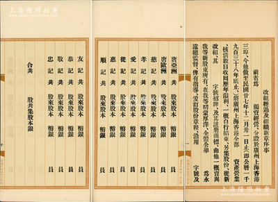 民國廿八年（1939年）唐拾義藥廠股份有限公司《改組新訂章程》1冊，屬其家族遺存之章程樣本，昔年由家族股東同訂，內中股東名字包括唐拾義之子唐亞洲、唐歐洲等；該藥廠乃近代中國著名藥號，在民國時代久負盛名；源于唐氏后人之遺存，罕見且保存極佳，值得預覽和珍視（注：陽明曾在2015年冬和2016年春，亦拍賣過其家族遺存之老股票和史料實物等）