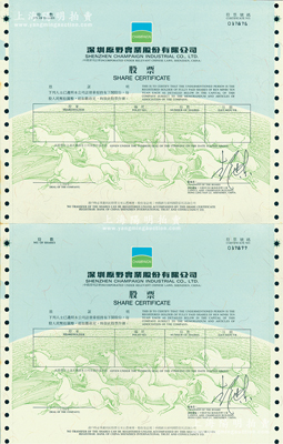 深圳原野實業股份有限公司股票共2張聯體，未填用，上印奔馬圖；該公司乃昔日“深圳股王”，屬深市“老五股”（發展、萬科、金田、安達、原野）之一，富有時代特色；蘇健先生藏品，九五成新