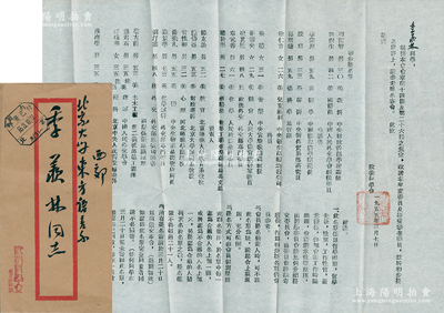 1955年歐美同學會致北京大學東方語言系“季羨林”（著名語言學家）之公函1則，事為改選本年度委員及經費審查委員，內中開列均為文化界名人，且附帶原封套；保存甚佳，敬請預覽