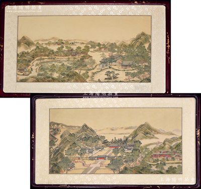 “山水風景”絹本水印畫2張，大型尺寸均約650mm×360mm，其上畫工精湛，圖案美觀，意境古樸；相框裝幀，保存甚佳，敬請預覽