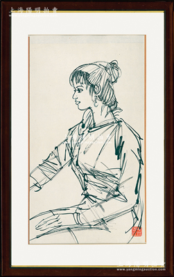 新中國人物毛筆速寫一幅，實際尺寸235×420mm，其上人物形象生動；保存甚佳，已裝鏡框，敬請預覽