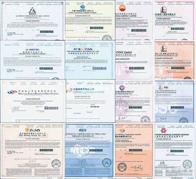 2018至2020年中國著名石油化工、能源冶金企業(yè)股票16種，詳分：中國石油化工、中石化煉化工程（集團(tuán)）、中石化石油工程技術(shù)服務(wù)、中國石化上海石油化工、中國石油天然氣、中國海洋石油、中海石油化學(xué)、中國有色礦業(yè)、中國中煤能源、中國廣核新能源控股、中廣核礦業(yè)、中國冶金科工、中國鋁業(yè)、鞍鋼股份、首鋼福山資源集團(tuán)、紫金礦業(yè)集團(tuán)，面額均為1股，內(nèi)有水印，屬香港上市之H股，九八成新