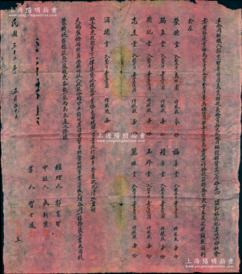 民國三十二年（1943年）晉文“協(xié)和裕長記”股份合同1份，事為“郭寬智等情因意氣相投，合資在文水城內(nèi)組設(shè)協(xié)和裕長記雜貨莊，共合資本大洋15000元，以每1000元為壹股，共作10股”等情，內(nèi)中開列9位股東出資詳情、公議約定等，內(nèi)容頗為詳盡；源于晉商文水首富武福桂家族之遺存，罕見且保存甚佳，敬請預(yù)覽