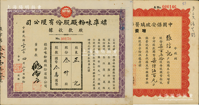上海老股票2種，詳分：1947年標準味粉廠股款收據，叁仟股計國幣叁萬圓，時屬著名味精廠；1947年中國保安玻璃醫學儀器廠增資股款收據，柒百五拾股計國幣柒仟伍百元，票上董事長俞松筠乃上海名醫（陳果夫外甥，曾任上海市衛生局長）；八至九成新