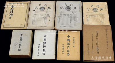 中國銀行老書籍共8冊，詳分：1930至1933年《中行月刊》共4冊不同；1931年和1935年《中國銀行報告》共2冊不同；1947年總管理處印《中國銀行職員錄》1冊；1976年臺灣再版姚崧齡著《中國銀行二十四年發展史》1冊；紹興越龍錢幣博物館藏品，保存較佳，敬請預覽