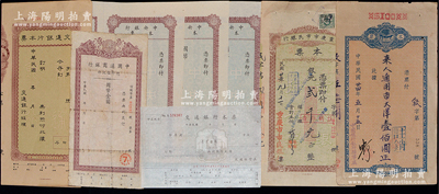 民國各銀行本票一組共8枚，詳分：中國通商銀行總行信托部本票；1933年重慶市市民銀行本票銀元貳千元；1935年中國銀行本票大洋壹佰圓；交通銀行本票2種未填用；中央銀行本票未填用3枚；紹興越龍錢幣博物館藏品，保存較佳，敬請預覽