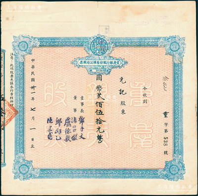 民國卅一年（1942年）重慶銀行股份有限公司股票，面額國幣貳佰伍拾元（每股伍拾元）；紹興越龍錢幣博物館藏品，八成新