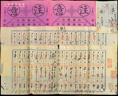 民國之錢莊、典當業文獻共5件，詳分：①“恒升典”賬單共2份不同；②1939年“同慶典”當票1張；③（山東煙臺）天和興匯兌莊廣告2張，上印其各埠之匯兌地點40處，且包括俄國之海參崴等；紹興越龍錢幣博物館藏品，保存較佳，敬請預覽
