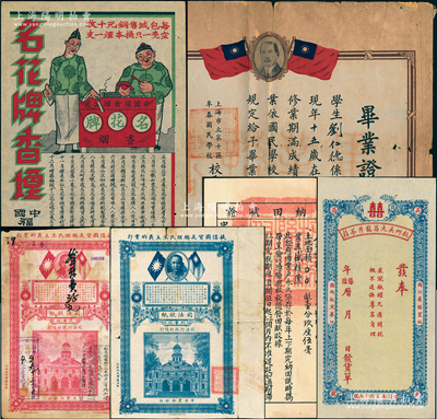 民國(guó)文獻(xiàn)等共6件，詳分：1920年杭縣“完納田賦證”1張；1930年國(guó)民政府司法部頒行司法狀紙“民事?tīng)睢薄ⅰ靶淌聽(tīng)睢?張全套；中國(guó)福新煙公司“名花牌香煙”廣告1張；杭州吳大昌龍井茶莊發(fā)票1張；1948年上海市立第十區(qū)阜春國(guó)民學(xué)校“畢業(yè)證書(shū)”1張；紹興越龍錢(qián)幣博物館藏品，保存較佳，敬請(qǐng)預(yù)覽