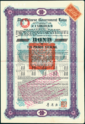 1925年中國政府對外發行債券（斯柯達債券）紫色10英鎊，由財政總長李思浩簽名，附帶1張息票（此種版式僅發行500張）；海外回流品，八五成新