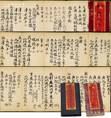 光緒三十三年（1907年）山西第二大票號(hào)“蔚泰厚”小摺1冊(cè)，屬牛邑（即牛莊）分號(hào)專用，內(nèi)中詳錄蔚泰厚在京都、天津、上海、潮州、汕頭、成都、重慶、云南、貴州、西安、漢口等地各分號(hào)地址、各埠銀兩平色、會(huì)票寫法及暗記識(shí)別等，內(nèi)容極為精彩，實(shí)為研究山西票號(hào)之難得精品和寶貴素材；胡俊良先生藏品，保存較佳，敬請(qǐng)預(yù)覽